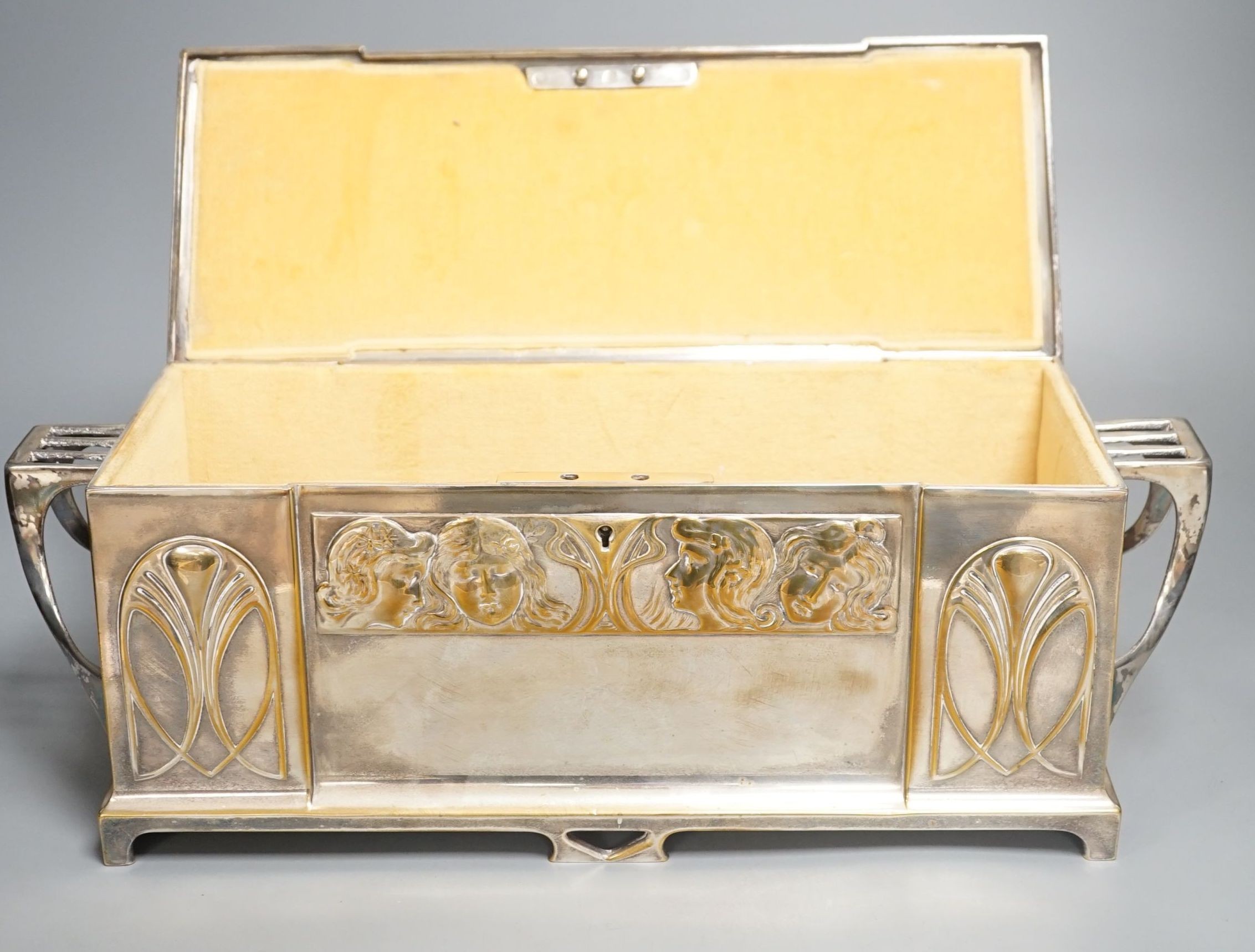 A large WMF Jugendstil plated two handled casket- 42 cms wide.